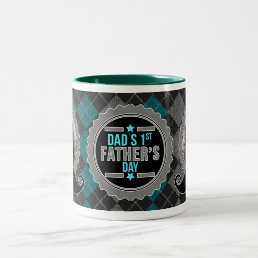 Dad's 1st Father's Day Teal Mustache 2-Photos Zweifarbige Tasse (Mittel)