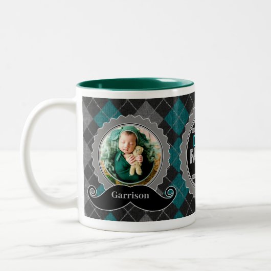 Dad's 1st Father's Day Teal Mustache 2-Photos Zweifarbige Tasse (Links)
