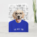 Dad's Birthday Golden Retriever in T-shirt card Karte<br><div class="desc">Golden retriever dog in blue t-shirt and black framed eyeglasses on brick wall background for Dad's birthday</div>