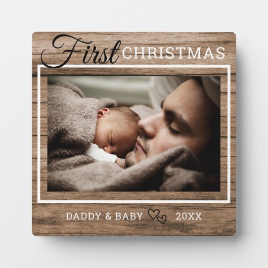Dad's First Christmas Photo Rustic Wood Fotoplatte (Vorderseite)