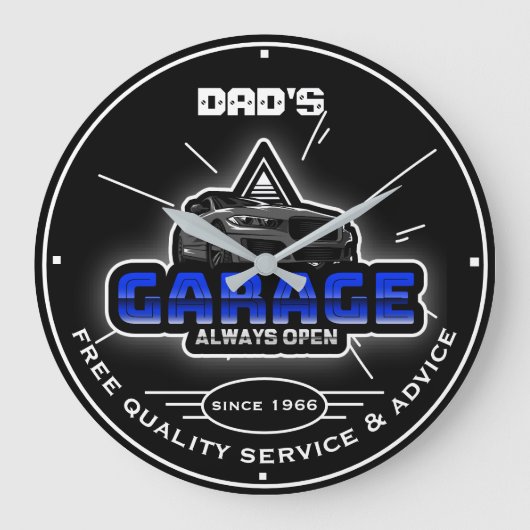 Dad's Garage or Any Name Always Open Modern Cars Große Wanduhr (Vorderseite)