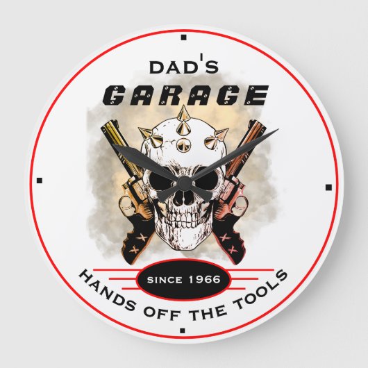 Dad's Garage Tools Warning Guns Skull Funny Große Wanduhr (Vorderseite)