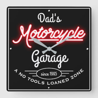 Dad's Motorcycle Garage Red Faux Neon Black Quadratische Wanduhr