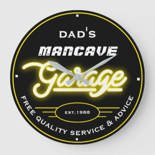 Dad's or Any Name Mancave Garage Yellow Retro Große Wanduhr