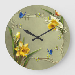 Daffodien und Blauer Schmetterling Große Wanduhr