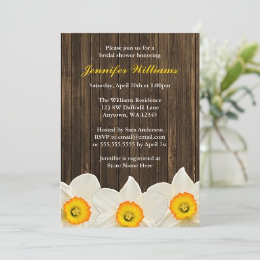Daffodil Barn Wood Brautparty Einladung (Stehend Vorderseite)