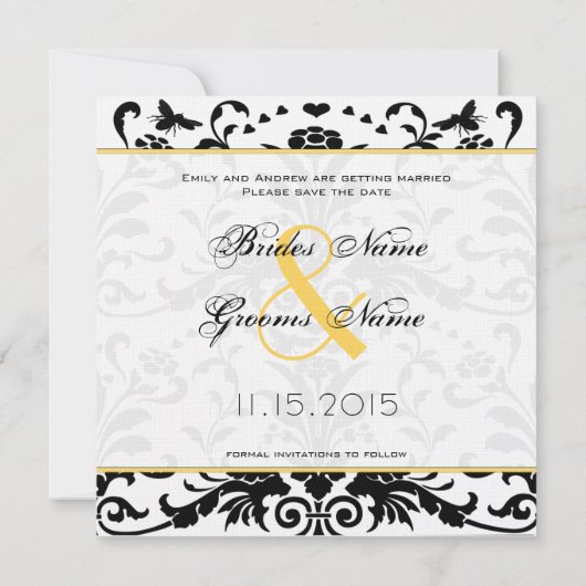Daffodil Black Bubble Bee Damask Save the Date Einladung (Rückseite)