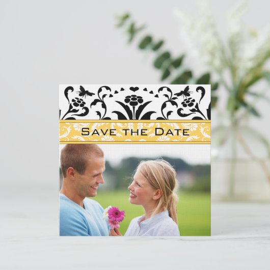 Daffodil Black Bubble Bee Damask Save the Date Einladung (Stehend Vorderseite)