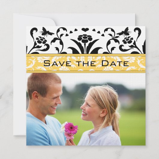 Daffodil Black Bubble Bee Damask Save the Date Einladung (Vorderseite)