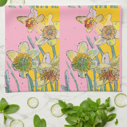 Daffodil Blume Bläserner Frühling Wasserfarbe Rosa Geschirrtuch (Gefaltet)