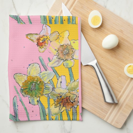 Daffodil Blume Bläserner Frühling Wasserfarbe Rosa Geschirrtuch (Viertel Falte)