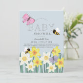 Daffodil Butterfly Bee Floral Baby Dusche Einladung (Stehend Vorderseite)