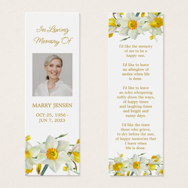Daffodil Floral Photo Funeral Memorial Bookmark (Vorne & Hinten)