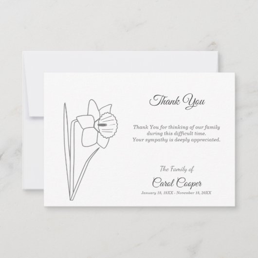 Daffodil Line Art Beerdigung Danke Note Card (Vorderseite)
