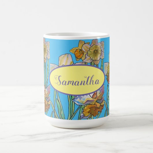 Daffodil-Malerei Wasserfarbe Aquamarin Blau Kaffeetasse (Mittel)