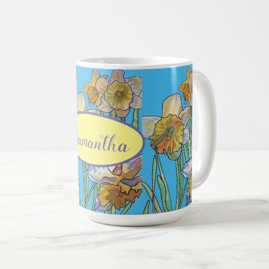 Daffodil-Malerei Wasserfarbe Aquamarin Blau Kaffeetasse (VorderseiteRechts)