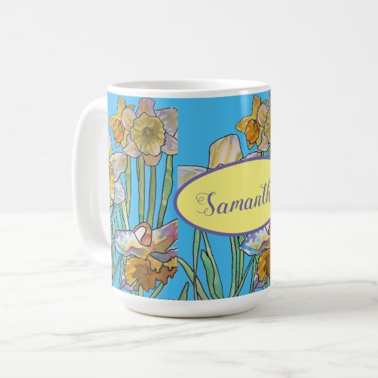 Daffodil-Malerei Wasserfarbe Aquamarin Blau Kaffeetasse (Vorderseite Links)