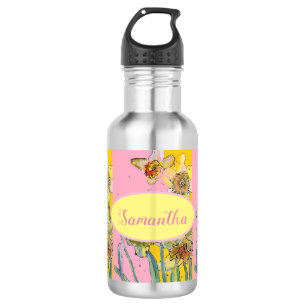 Daffodil-Malerei Wasserfarbe Gelb Rosa Blüte Edelstahlflasche