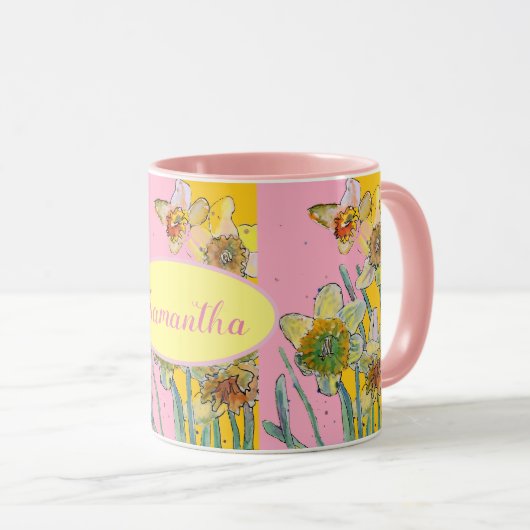 Daffodil-Malerei Wasserfarbe Gelb Rosa Blüte Tasse (VorderseiteRechts)