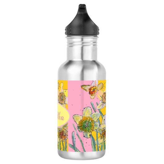 Daffodil-Malerei Wasserfarbe Gelb Rosa Blütenfarbe Edelstahlflasche (Rechts)