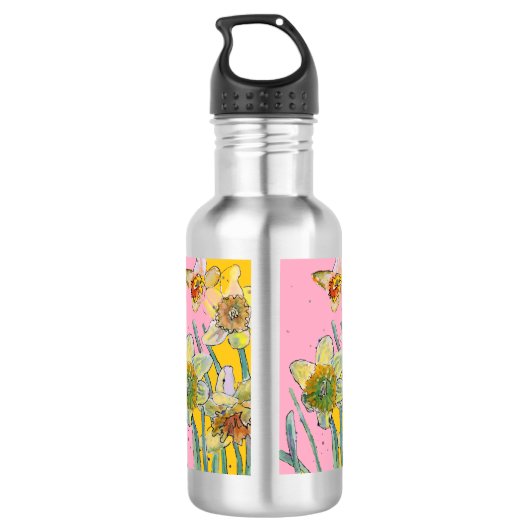 Daffodil-Malerei Wasserfarbe Gelb Rosa Blütenfarbe Edelstahlflasche (Rückseite)