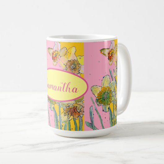 Daffodil-Malerei Wasserfarbe Gelb Rosa Blütenfarbe Kaffeetasse (VorderseiteRechts)