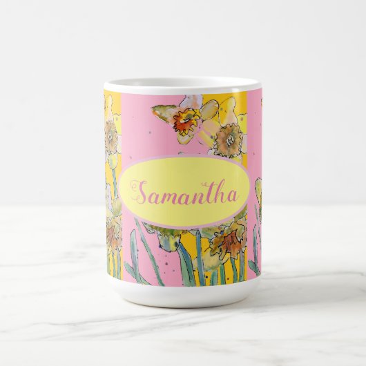 Daffodil-Malerei Wasserfarbe Gelb Rosa Blütenfarbe Kaffeetasse (Mittel)