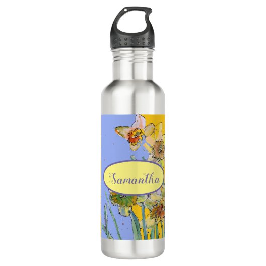 Daffodil-Malerei Wasserfarben Gelb Lila Blüte Edelstahlflasche (Vorderseite)