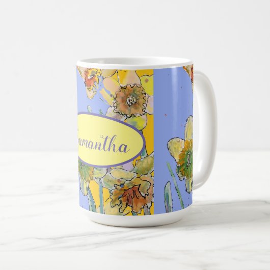 Daffodil-Malerei Wasserfarben Gelb Lila Blüte Kaffeetasse (VorderseiteRechts)