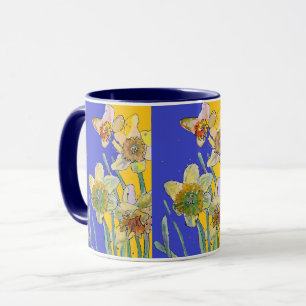 Daffodil Painting Watercolor Gelb Blauer Blütenbod Tasse