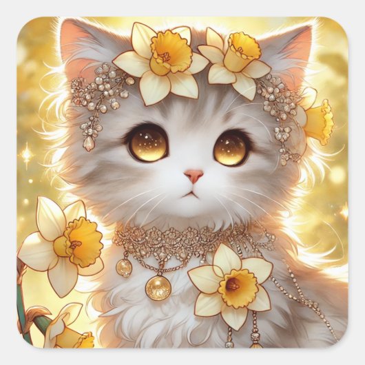 Daffodil Princess Cat Quadratischer Aufkleber (Vorderseite)