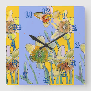 Daffodil Watercolour Womans Yellow Purple Art Quadratische Wanduhr