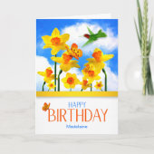 Daffodils and Hummingbird with Name Birthday Karte (Vorderseite)