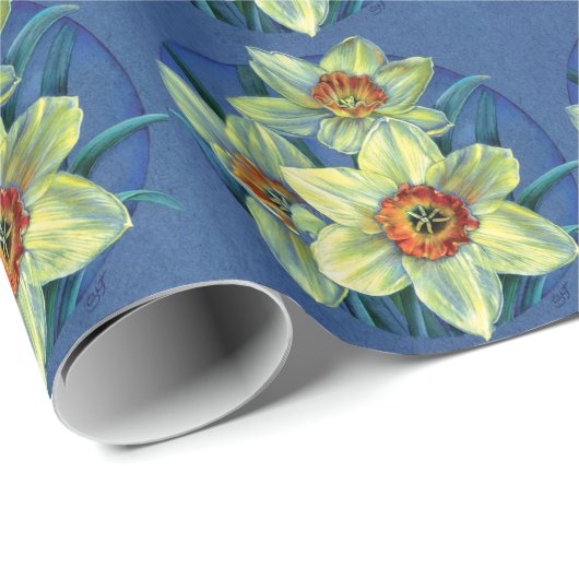 Daffodils feine Art blaugelbe Verpackung Geschenkpapier (Rolleneckpunkt)