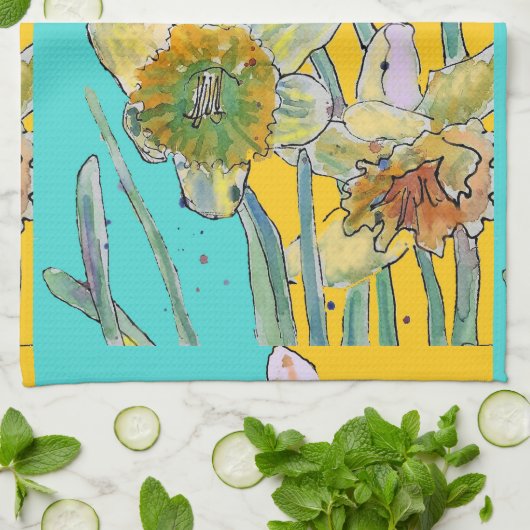Daffodin Blume Wasserfarben Türkis Blumen  Geschirrtuch (Gefaltet)