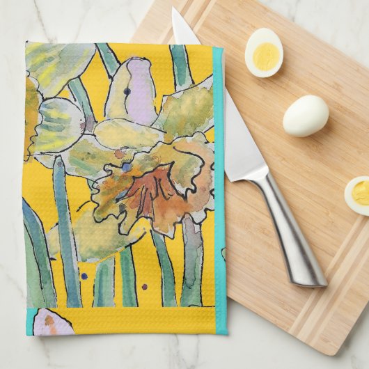 Daffodin Blume Wasserfarben Türkis Blumen  Geschirrtuch (Viertel Falte)