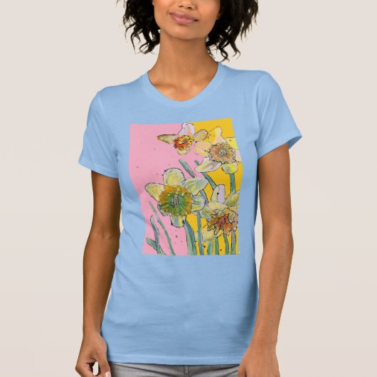 Daffodin Gelbe blaue Blume Blume Wasserfarbe T-Shirt (Vorderseite)