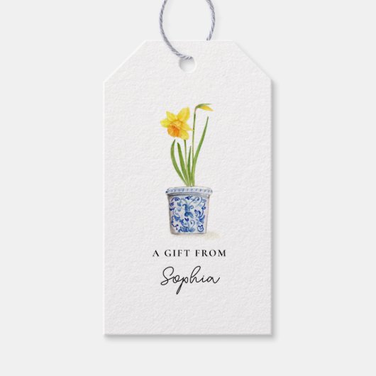 Daffodin in blauem und weißem Topf Geschenkanhänger (Vorderseite)