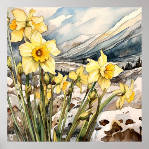 Daffodin unter der Schneemauer Kunst, Blumenplatz Poster