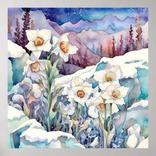 Daffodin unter der Schneemauer Kunst, Blumenplatz Poster