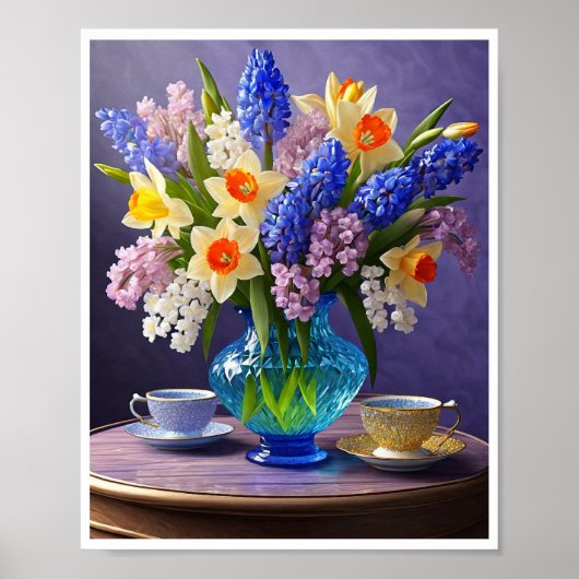 Daffodis Hyacinths Blue Glass Vase Teacups Poster (Vorne)