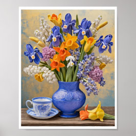 Daffodis Iris Blue Keramik Vase Teacup Poster