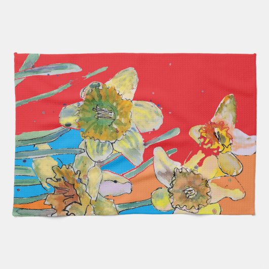 Daffodische Blume Blumenfeder Wasserfarbe Rot Geschirrtuch (Horizontal)