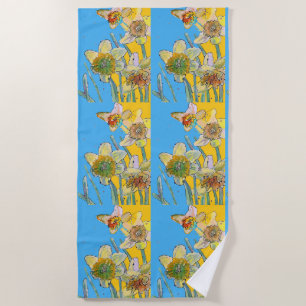 Daffodische Blume Floral Wasserfarbe Blau Strandtuch