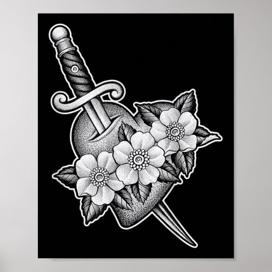 Dagger Through Heart X Blume Blackwork Tattoo Fl Poster (Vorne)