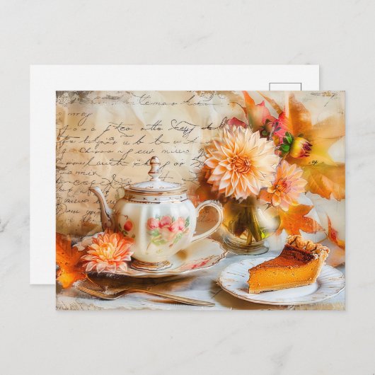 Dahlia Bloom with Pumpkin Cake Slice and Teapot Postkarte (Vorne/Hinten)