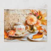 Dahlia Bloom with Pumpkin Cake Slice and Teapot Postkarte (Vorderseite)