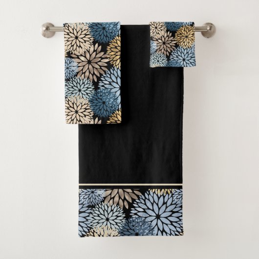 Dahlia Blue Gold Floral Pattern Badhandtuch Set (Insitu)