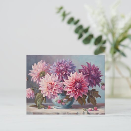 Dahlia Blume in einer Vase Still Life Illustration Postkarte (Stehend Vorderseite)