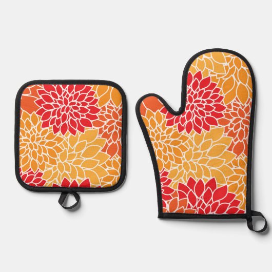 Dahlia-Blume, Muster von Blume, Orange Dahlia Ofenhandschuh & Topflappen-Set (Vorderseite)